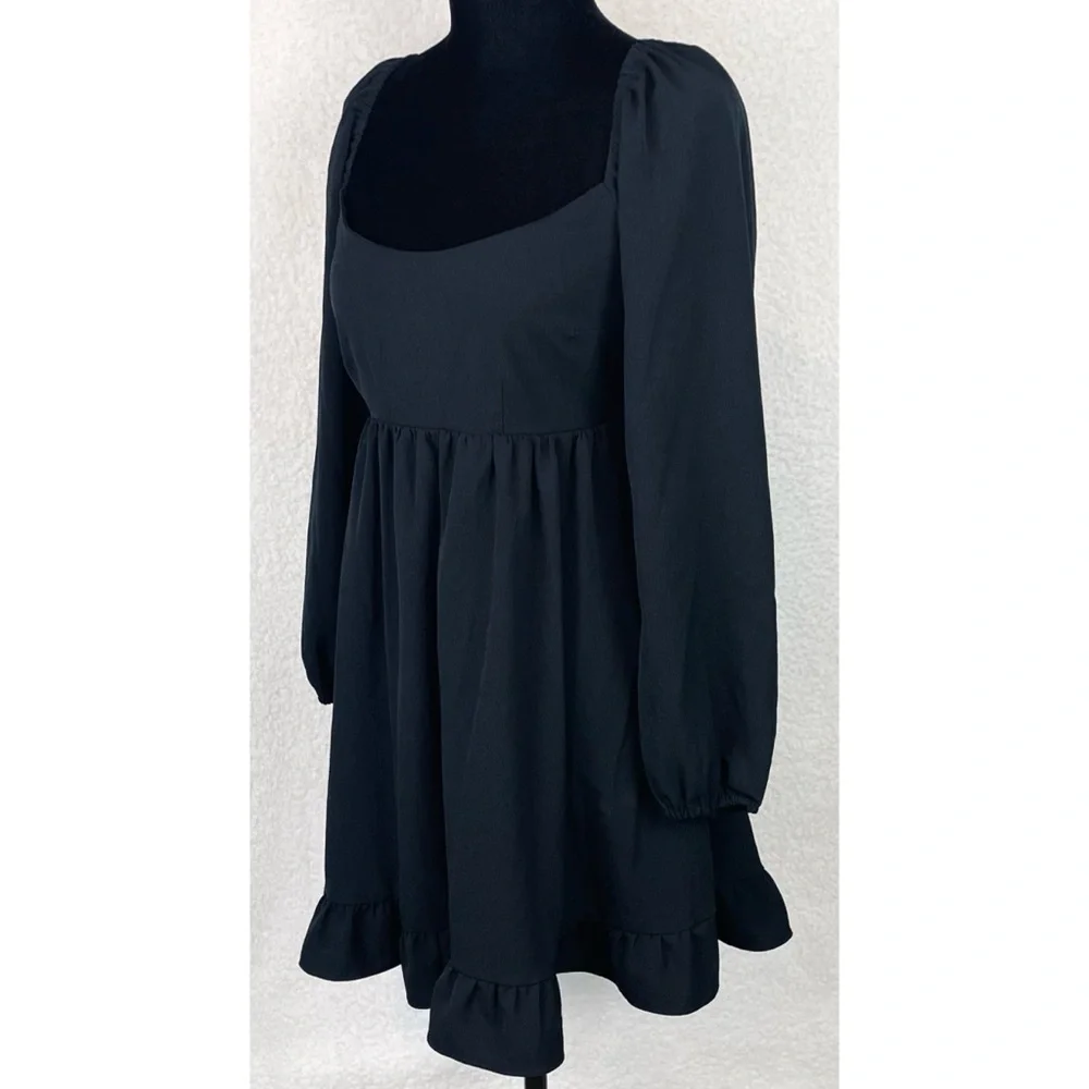 ABERCROMBIE & FITCH • Black Ruffle-Trim Long Sleeve Babydoll Mini Dress, SP - Picture 5 of 16